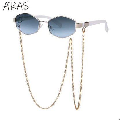 Óculos de Sol Femininos Hexagonais Retrô da Moda com Corrente // Armação Pequena // Designer de Marca 2025