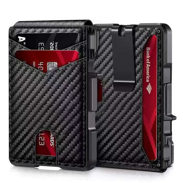 Carteira Masculina c/ Bloqueio RFID | Porta-cartões Minimalista // Fino e Inteligente c/ Abertura Automática // Carteira Metálica p/ Cartões de Crédito c/ Clipe p/ Dinheiro.