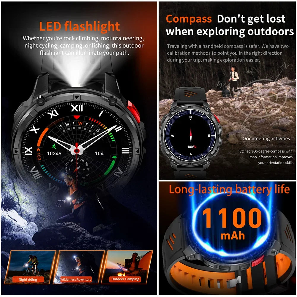 Novo Smartwatch Masculino AMOLED de 1100mAh (2026) // Com mais de 170 Recursos p/ Esportes e fitnessM // Lanterna LED // Classificação IP69 de Resistência à Água // Chamadas Bluetooth e GPS // Compatível com iOS.