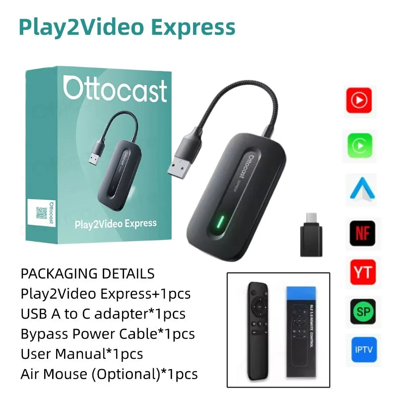 Adaptador OTTOCAST Play2Video Express Wireless // CarPlay Android Auto para Youtube, Netflix p/ Volvo Chevrolet VW CarAccessory