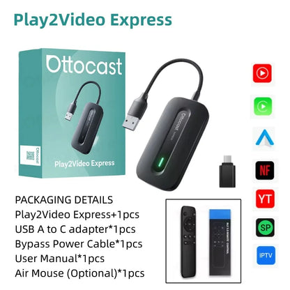 Adaptador OTTOCAST Play2Video Express Wireless // CarPlay Android Auto para Youtube, Netflix p/ Volvo Chevrolet VW CarAccessory