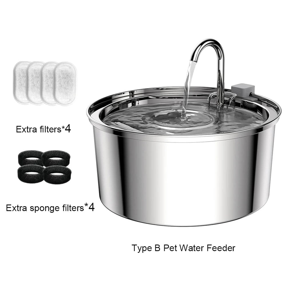 Fonte de Água Automática e Recarregável p/ Pets (Cães e Gatos) // Aço Inoxidável, 3,2 L (108 oz), Sem Fio, 5V, c/ Sensor de Movimento