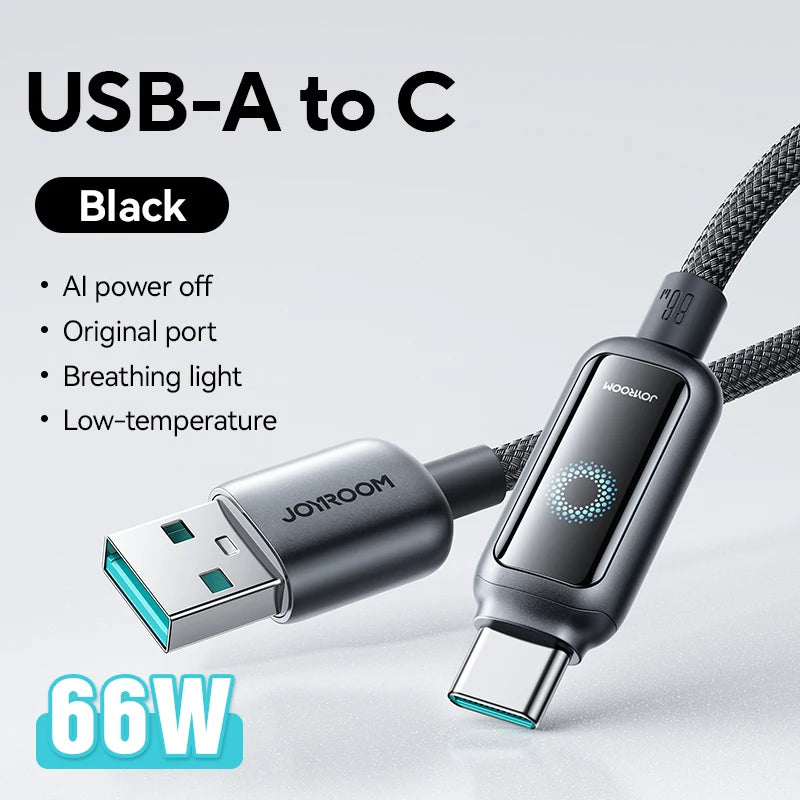 Cabo USB-C Joyroom de 100 W // Com Desligamento Automático e Carregamento Rápido // Compatível com iPhone 16, 15 Pro Max, Xiaomi, Samsung e Huawei.