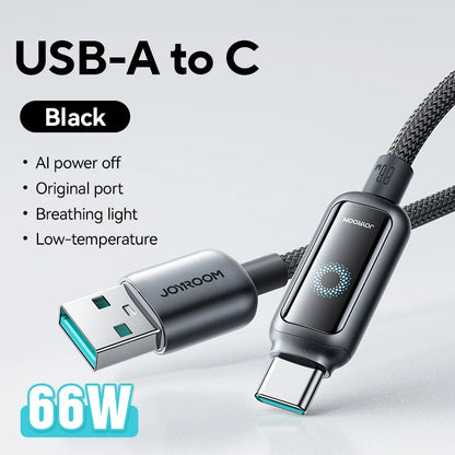 Cabo USB-C Joyroom de 100 W // Com Desligamento Automático e Carregamento Rápido // Compatível com iPhone 16, 15 Pro Max, Xiaomi, Samsung e Huawei.