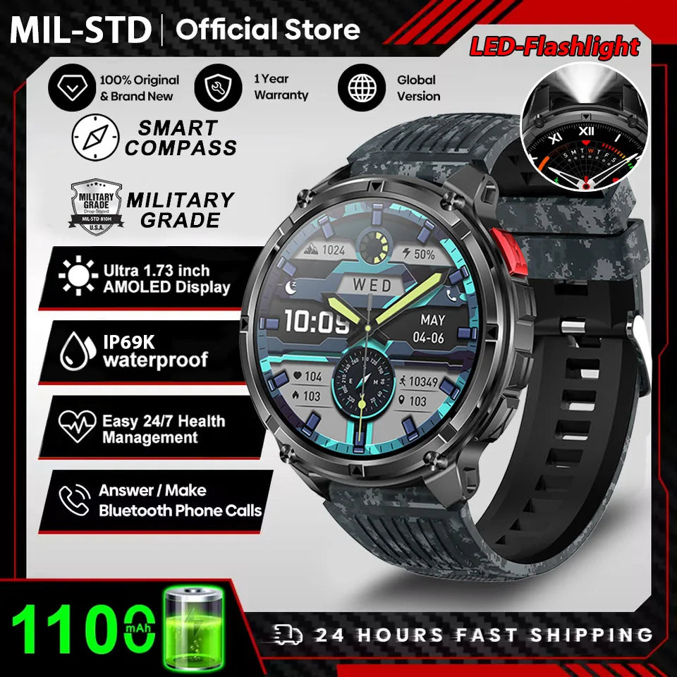 Novo Smartwatch Masculino AMOLED de 1100mAh (2026) // Com mais de 170 Recursos p/ Esportes e fitnessM // Lanterna LED // Classificação IP69 de Resistência à Água // Chamadas Bluetooth e GPS // Compatível com iOS.