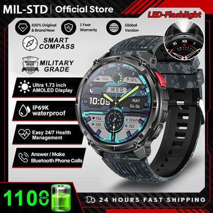 Novo Smartwatch Masculino AMOLED de 1100mAh (2026) // Com mais de 170 Recursos p/ Esportes e fitnessM // Lanterna LED // Classificação IP69 de Resistência à Água // Chamadas Bluetooth e GPS // Compatível com iOS.