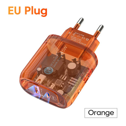 Carregador de Celular Transparente PD QC3.0 c/ Carregamento Rápido Tipo C + USB C // Para Huawei, Xiaomi, Samsung e iPhone // Cabo USB Tipo C p/ Celular.