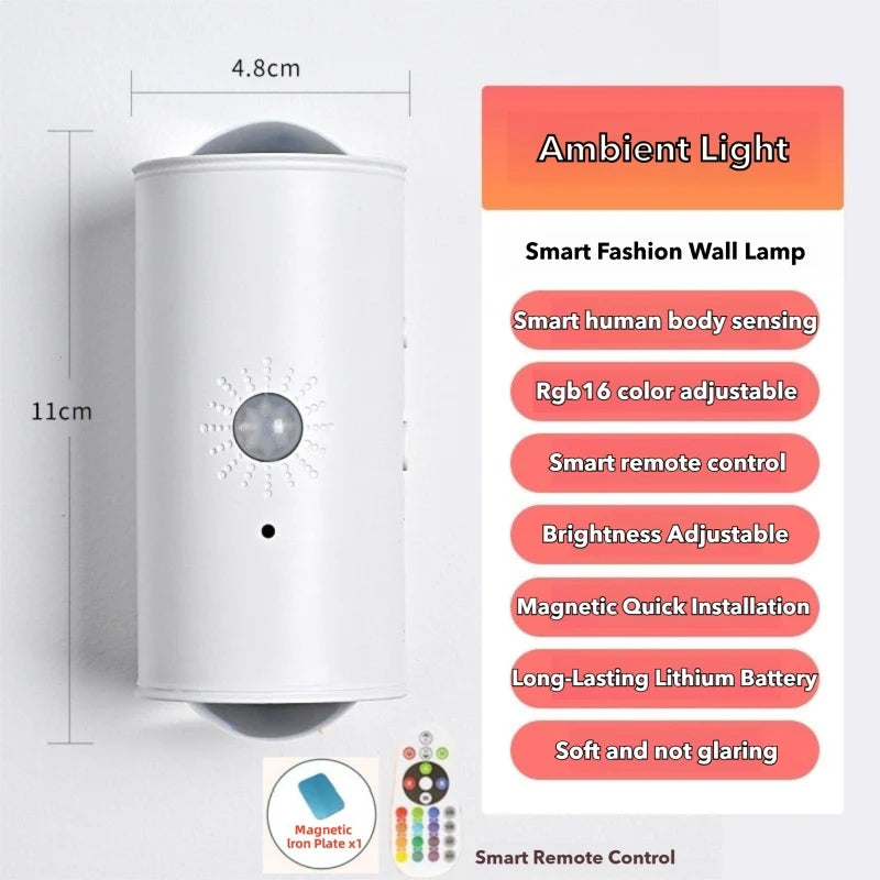Luminária de Parede Inteligente c/ Sensor Infravermelho e Carregamento // Instalação Magnética Autoadesiva // Holofote RGB // Ideal p/ Decoração // Iluminação Ambiente e Luz Noturna.