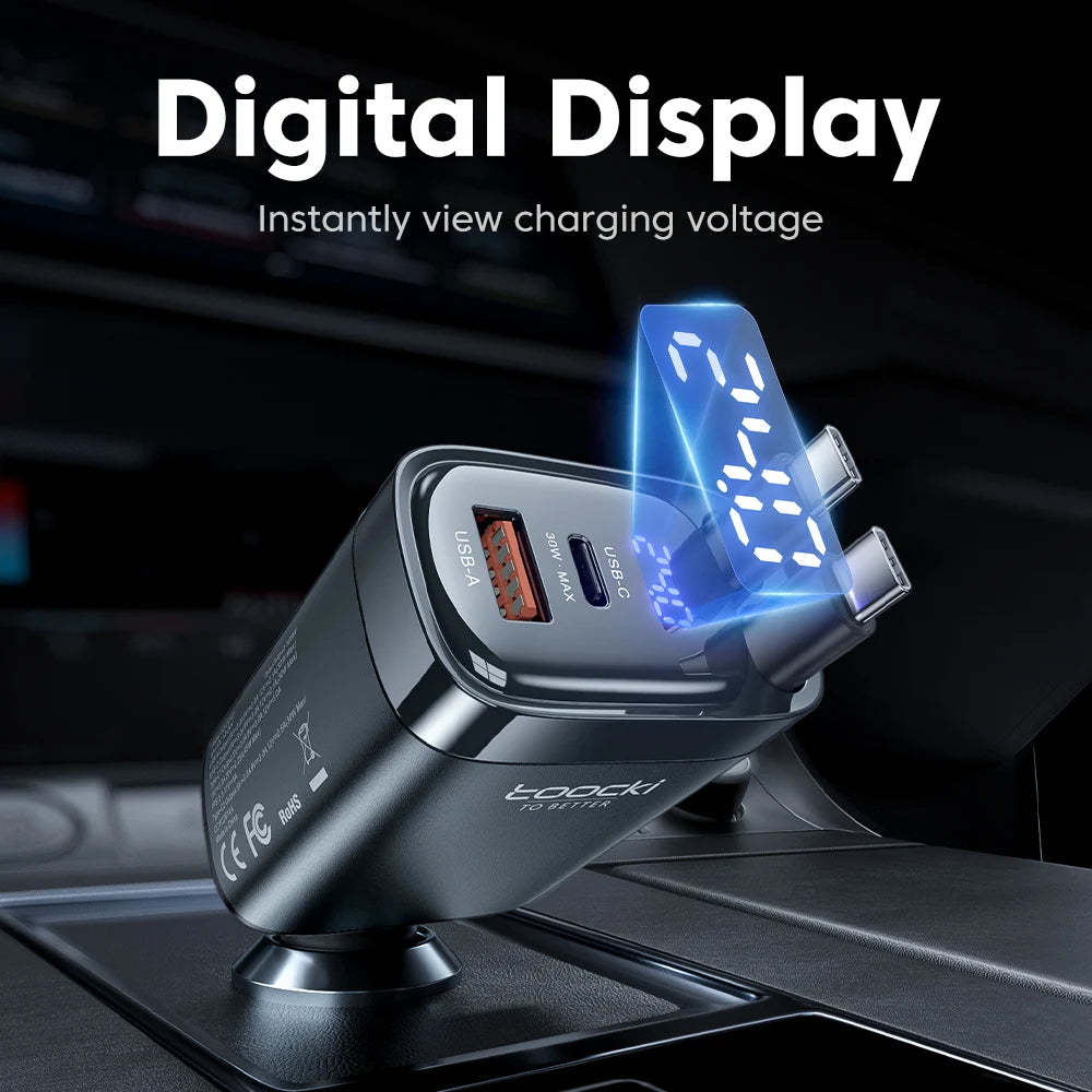 Carregador Veicular Toocki 105W com Cabo Retrátil USB-C (0,75m) e Carregamento Rápido // PD 45W, QC 3.0, SCP, SFC2.0 e PPS para iPhone 17/16, Samsung e Tablet