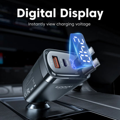 Carregador Veicular Toocki 105W com Cabo Retrátil USB-C (0,75m) e Carregamento Rápido // PD 45W, QC 3.0, SCP, SFC2.0 e PPS para iPhone 17/16, Samsung e Tablet