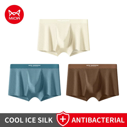 Kit com 3 Cuecas Boxer Masculinas MiiOW em Jacquard e Seda Gelada (Ice Silk) // Antibacterianas, Respiráveis e Macias