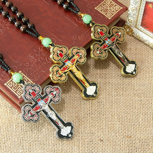 Colar Santo Graal de Jesus c/ Cruz Católica HTISOK // Caixa Sagrada // Rosário // Materiais Litúrgicos Banhados a Ouro