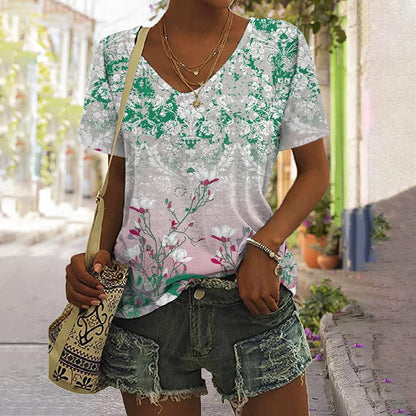 Nova Blusa Feminina Estampada Floral // Moda Boêmio Manga Curta // Lindas Blusinhas Pulôver Solto com Decote em V Harajuku Streetwear Verão. Você na Moda Sempre!!!