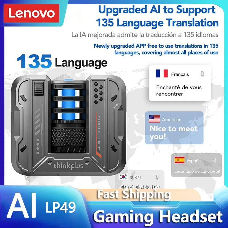 Fones de Ouvido p/Tradução 135 Idiomas em Tempo Real // Lenovo LP49 AI p/ Tradução s/ Fio Bluetooth 5.4 // Com Redução de Ruído HD p/ Chamadas // Escritório, Viagens //
