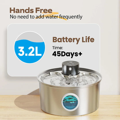Fonte de Água Automática e Recarregável p/ Pets (Cães e Gatos) // Aço Inoxidável, 3,2 L (108 oz), Sem Fio, 5V, c/ Sensor de Movimento