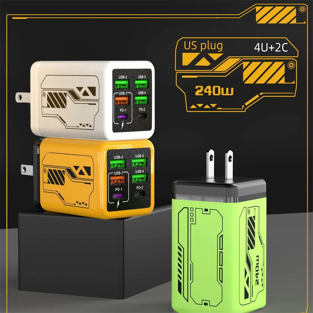 Carregador 6 em 1 de 240 W c/ Carregamento Rápido PD // Compatível c/ IPhone, Samsung e Xiaomi // Com Plugues UE/EUA.