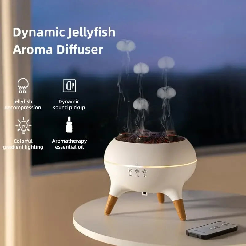 Umidificador de Ar Dinâmico Efeito Água-viva 250ml com Difusor de Óleos Essenciais // Controle Remoto e 7 Luzes Noturnas Coloridas // Ideal para Quartos