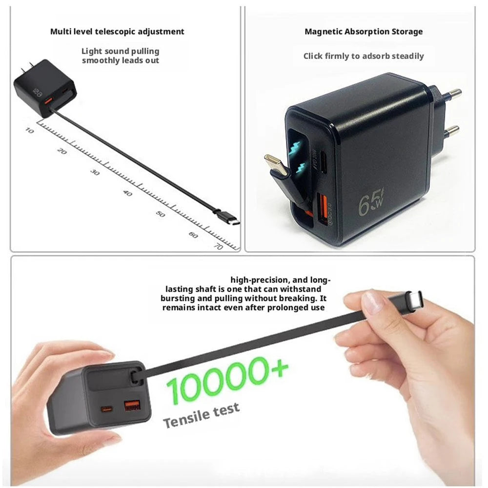 Carregador Rápido USB-C de 65W com Cabo Tipo-C Retrátil e Carregamento Rápido PD // Para iPhone 16/15, MacBook, Notebook Samsung e iPad (Plugue UE)
