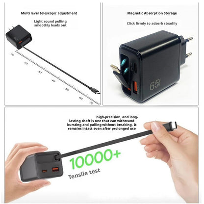 Carregador Rápido USB-C de 65W com Cabo Tipo-C Retrátil e Carregamento Rápido PD // Para iPhone 16/15, MacBook, Notebook Samsung e iPad (Plugue UE)