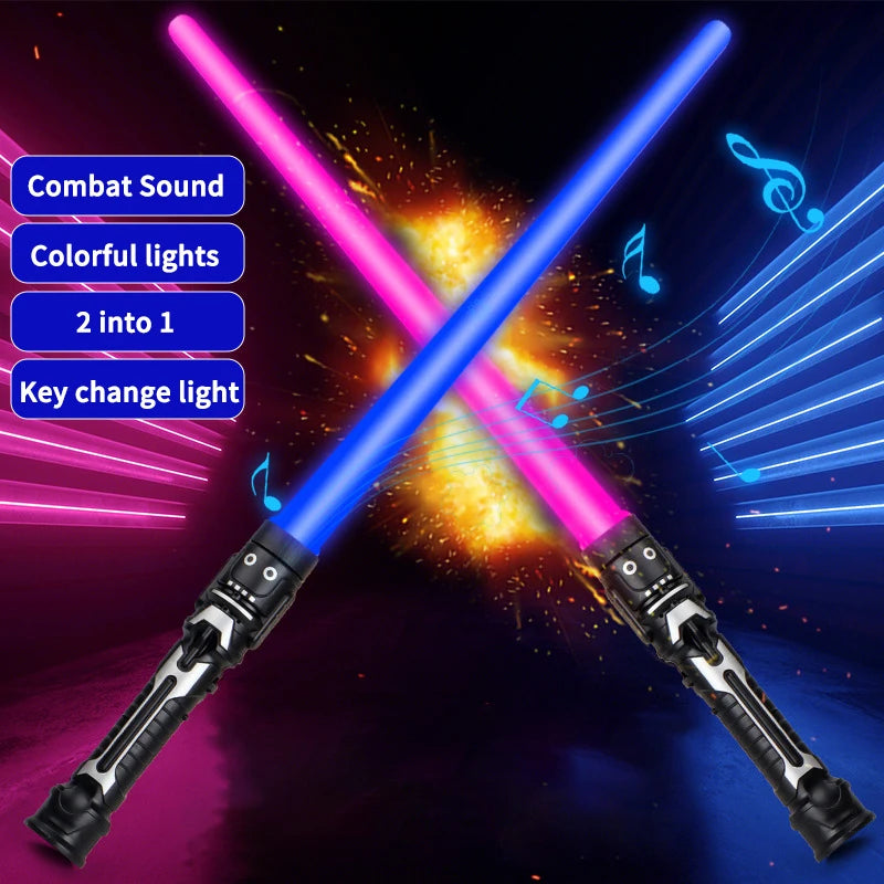 Espada de Brinquedo Colorida e Brilhante // Espada Laser // Sabre de Luz Vermelho e Azul // Sabre Duplo Telescópico c/ Música, p/ Cosplay // Brinquedo Infantil Incrível c/ Luzes Piscantes.