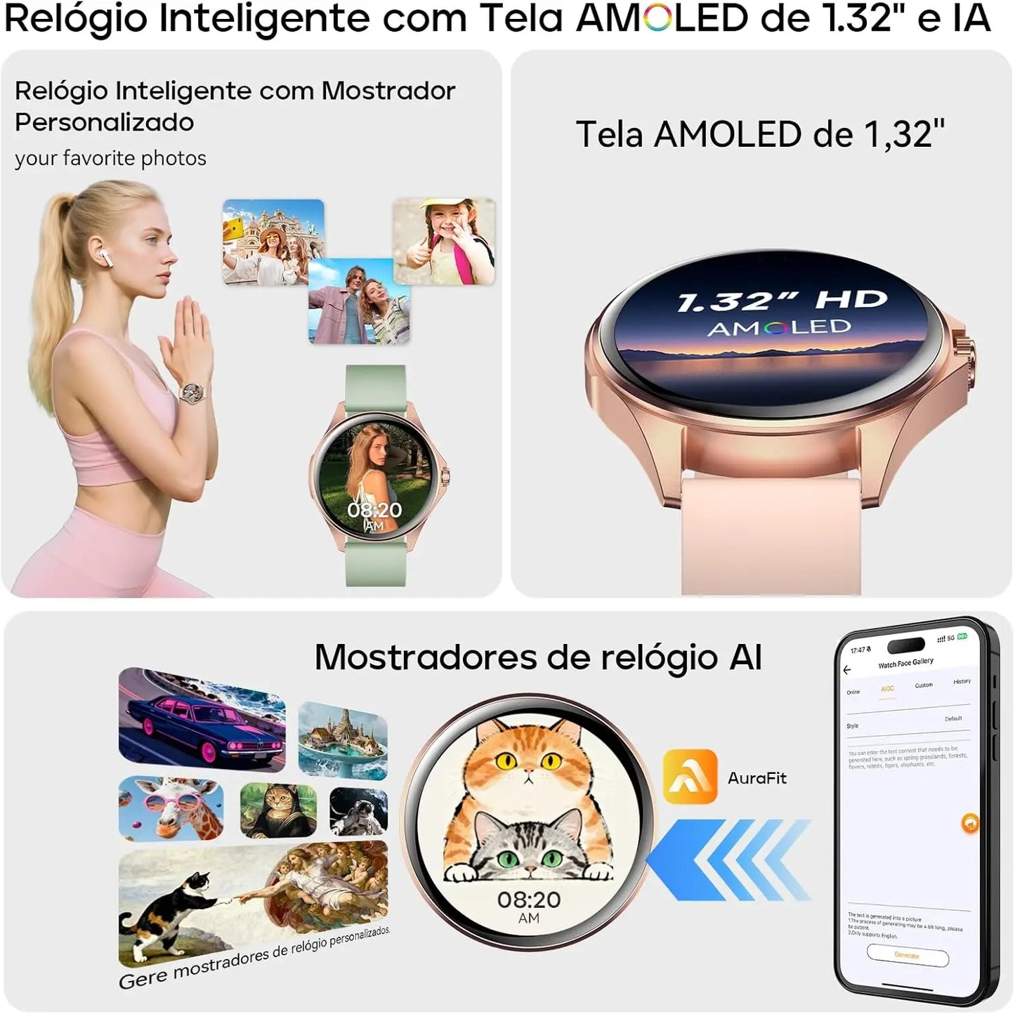 Relógio Feminino AURAFIT ELLA 1  AMOLED 1,32" // 150+ Modos Esportivos// Monitor Ciclo Menstrual // Saúde // Android/iOS