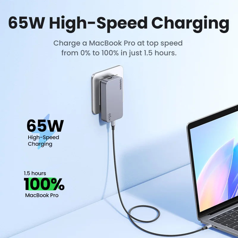 Carregador UGREEN 65W GaN Quick Charge 4.0 3.0 USB C // Para iPhone 17 16 15 Pro M // PD 3.0 // Carregador Rápido p/ Macbook, Laptop e Tablet.