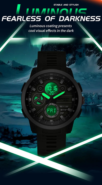 SANDA 3379 Relógio Eletrônico Masculino de Luxo c/ Display Duplo // Esportivo // Multifuncional // À Prova d'Água, LED // Relógio Eletrônico Masculino
