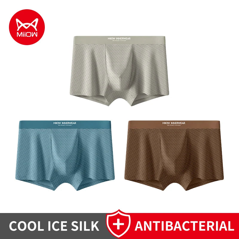 Kit com 3 Cuecas Boxer Masculinas MiiOW em Jacquard e Seda Gelada (Ice Silk) // Antibacterianas, Respiráveis e Macias