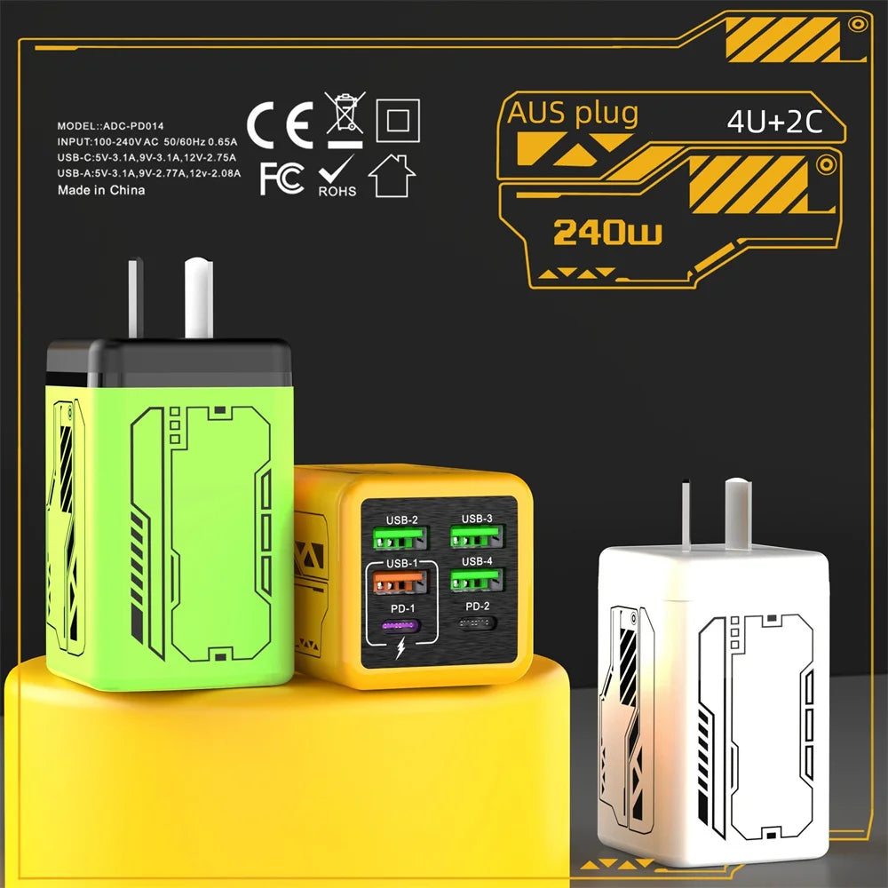 Carregador 6 em 1 de 240 W c/ Carregamento Rápido PD // Compatível c/ IPhone, Samsung e Xiaomi // Com Plugues UE/EUA.