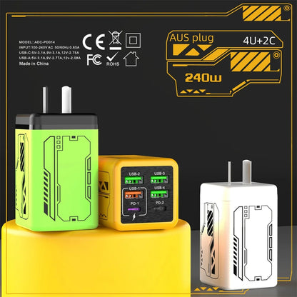 Carregador 6 em 1 de 240 W c/ Carregamento Rápido PD // Compatível c/ IPhone, Samsung e Xiaomi // Com Plugues UE/EUA.