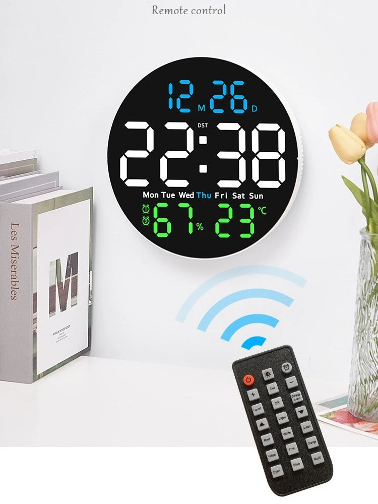 Relógio de parede circular de 10 polegadas com controle remoto, luz ambiente, despertador digital LED, termômetro, higrômetro, timer e data.