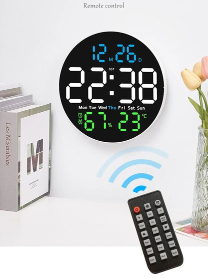 Relógio de parede circular de 10 polegadas com controle remoto, luz ambiente, despertador digital LED, termômetro, higrômetro, timer e data.