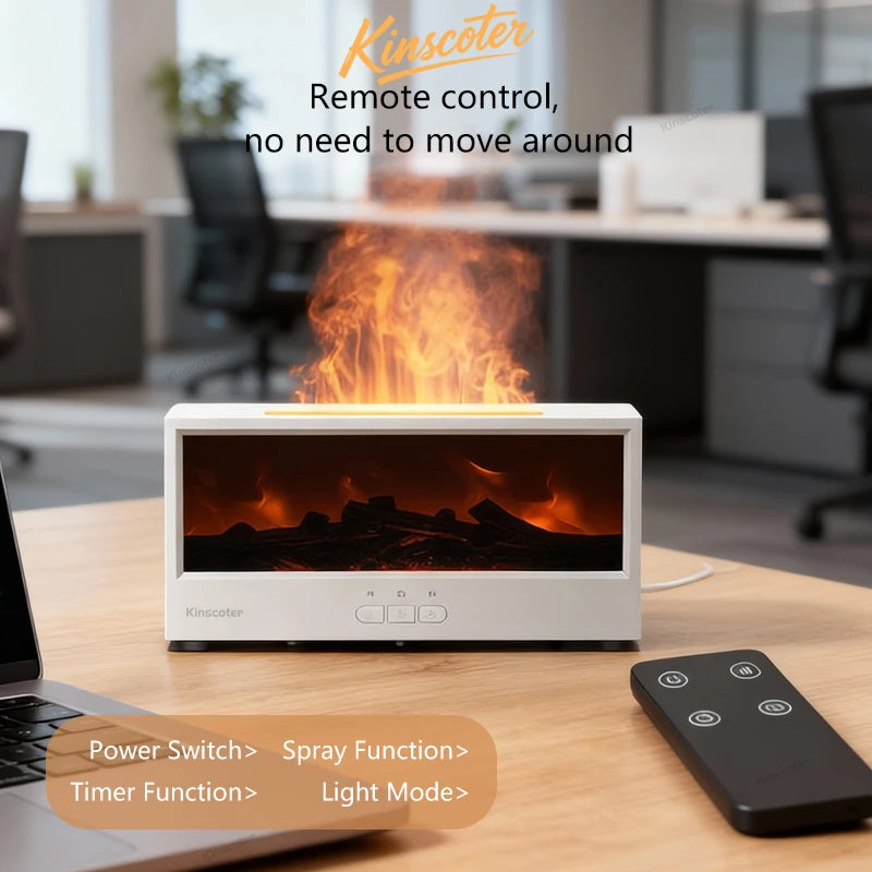 Umidificador de Ar com Efeito de Chama de Lareira e Difusor de Óleos Essenciais // Controle Remoto, Luz Noturna Ambiente Colorida // Presente Criativo