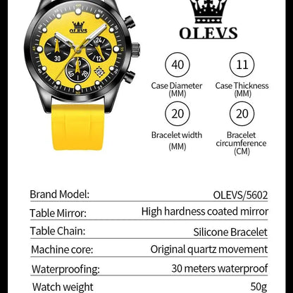 Relógios masculinos originais OLEVS, cronógrafo multifuncional, tendência da moda, pulseira de borracha amarela, luminoso, à prova d'água, relógio de quartzo masculino