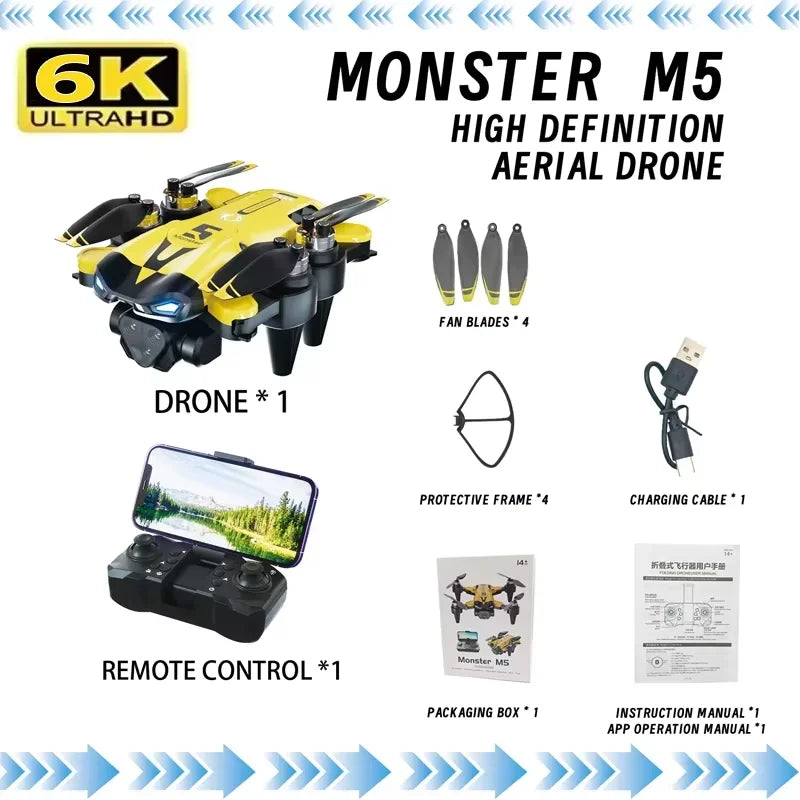 Drone Profissional M5 8K c/ Grande Angular // Três Câmeras // Prevenção de Obstáculos // GPS 5G // Posicionamento de Fluxo Óptico // Quadricóptero RC s/ Escovas