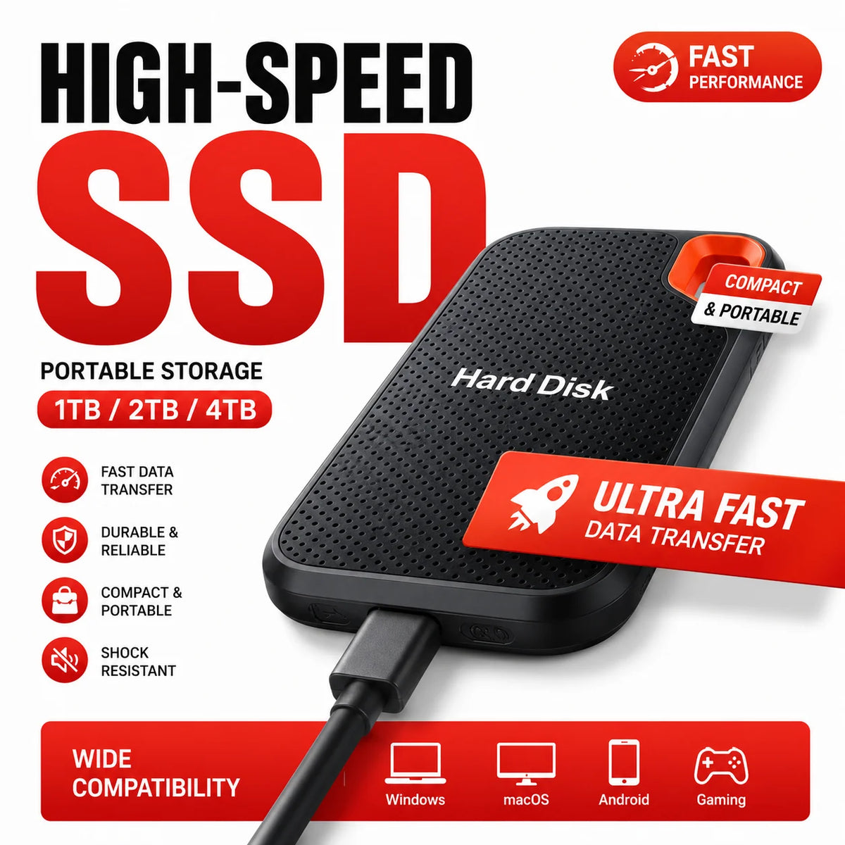 SSD Portátil de Alta Capacidade (4 TB) // Unidade de Armazenamento Externa de Alta Velocidade // Compatível c/ USB 3.1 // Para Notebook, PC, Smartphone e Mac