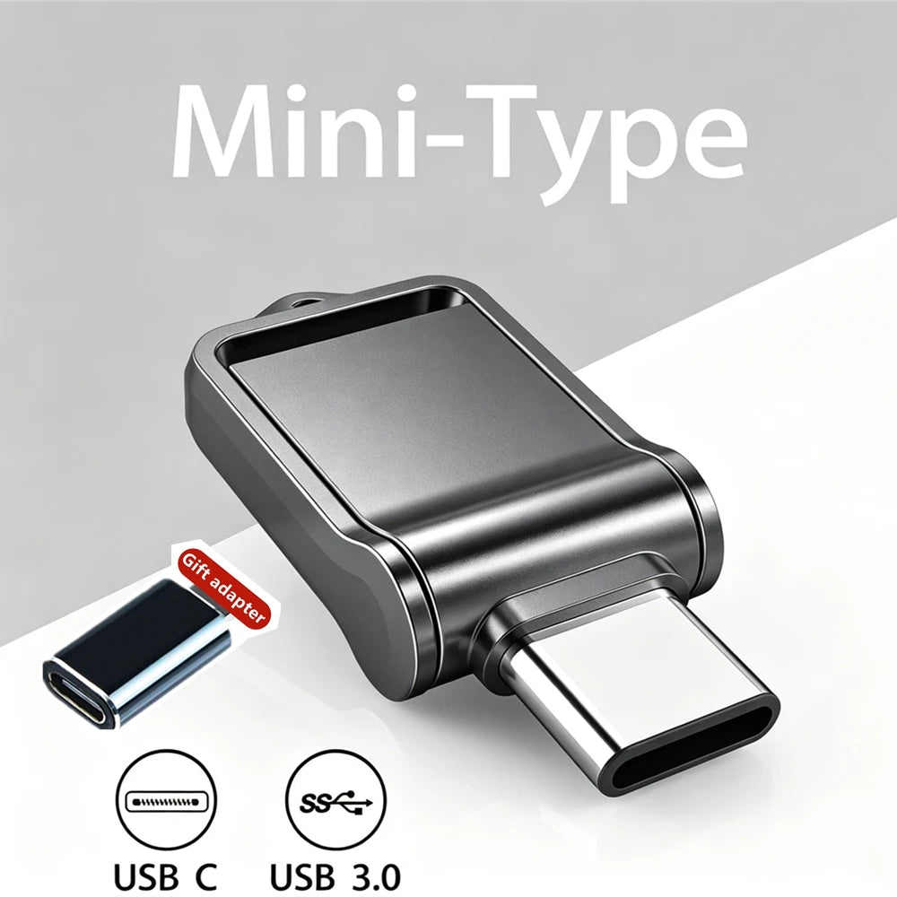 Mini Pendrive OTG USB 3.0 Tipo C de 512 GB p/ iPhone, iPad e Android (Samsung/Laptop) // Capacidades de 32 GB, 256 GB e 512 GB