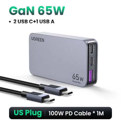 Carregador UGREEN 65W GaN Quick Charge 4.0 3.0 USB C // Para iPhone 17 16 15 Pro M // PD 3.0 // Carregador Rápido p/ Macbook, Laptop e Tablet.