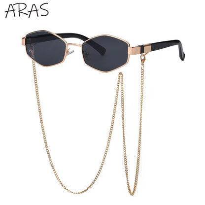 Óculos de Sol Femininos Hexagonais Retrô da Moda com Corrente // Armação Pequena // Designer de Marca 2025
