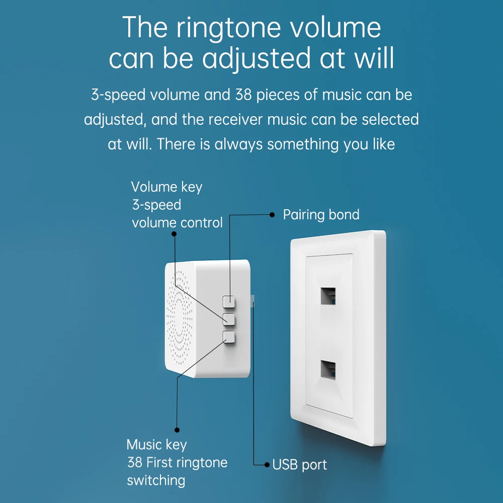 Campainha s/ Fio de Longo Alcance 150 m // 38 melodias // Alarme de Segurança Alimentado por Bateria CR2032