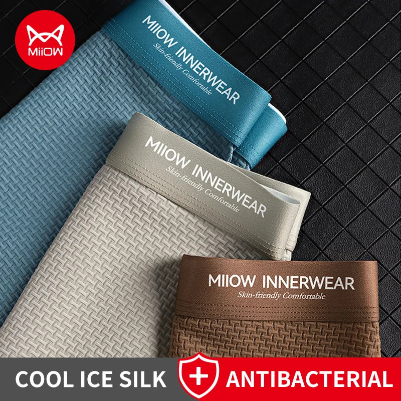 Kit com 3 Cuecas Boxer Masculinas MiiOW em Jacquard e Seda Gelada (Ice Silk) // Antibacterianas, Respiráveis e Macias