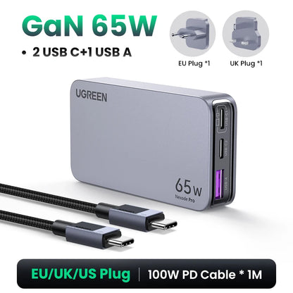 Carregador UGREEN 65W GaN Quick Charge 4.0 3.0 USB C // Para iPhone 17 16 15 Pro M // PD 3.0 // Carregador Rápido p/ Macbook, Laptop e Tablet.