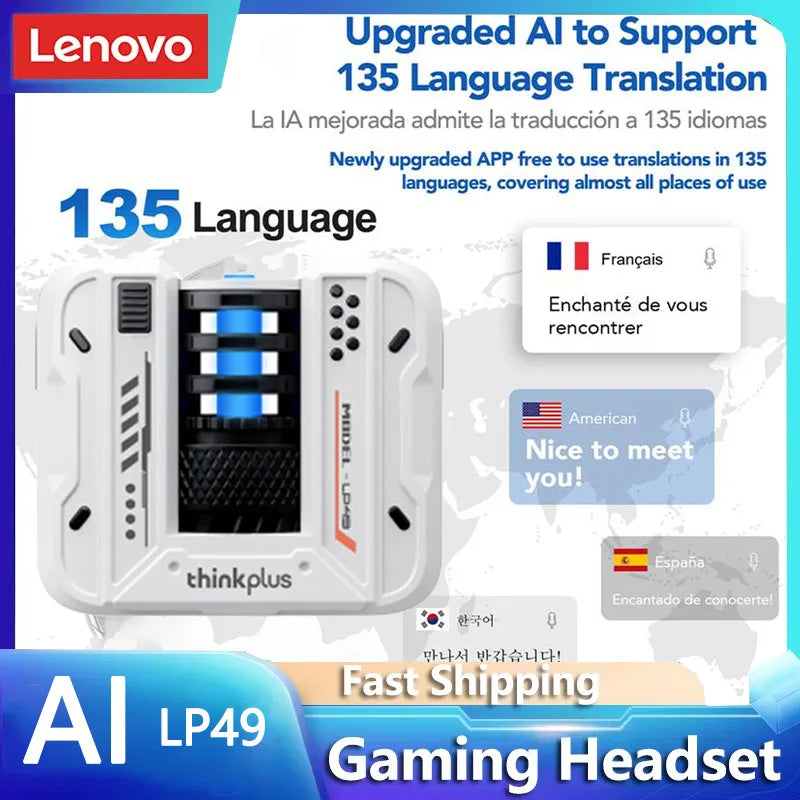 Fones de Ouvido p/Tradução 135 Idiomas em Tempo Real // Lenovo LP49 AI p/ Tradução s/ Fio Bluetooth 5.4 // Com Redução de Ruído HD p/ Chamadas // Escritório, Viagens //
