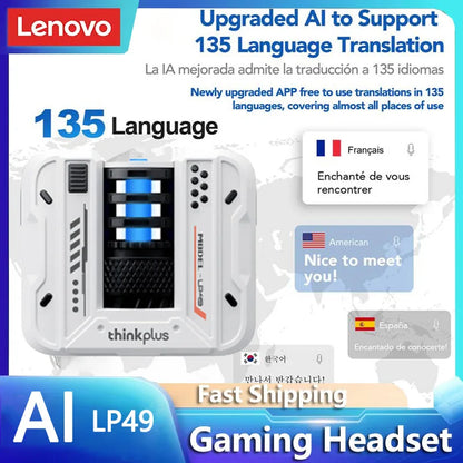 Fones de Ouvido p/Tradução 135 Idiomas em Tempo Real // Lenovo LP49 AI p/ Tradução s/ Fio Bluetooth 5.4 // Com Redução de Ruído HD p/ Chamadas // Escritório, Viagens //