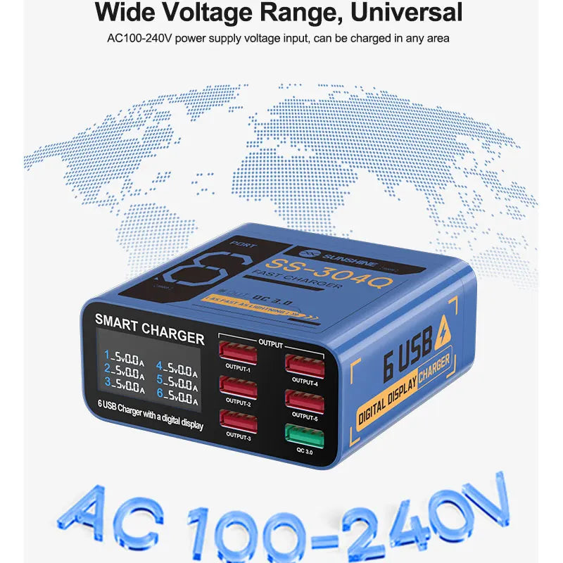 Carregador Portátil SUNSHINE SS-304Q c/ 6 portas USB // Visor Digital e Carregamento Rápido QC3.0 // Compatível c/ Diversos Dispositivos.