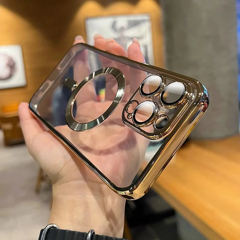 Capa Transparente de Luxo c/ Revestimento Magnético p Carregamento s/ Fio MagSafe para iPhone 16, Plus.