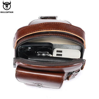 Bolsa de Peito de Couro Genuíno Masculina BULLCAPTAIN // Casual Retrô de 7,9 Polegadas // Bolsa para Celular Multifuncional Antirroubo // Bolsa Crossbody