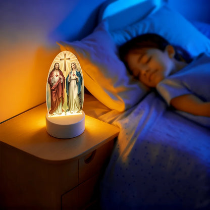 Luz Noturna de LED 2D de Jesus e Virgem Maria em Estilo Boho // Acrílico c/ Alimentação USB // Luminária de Mesa Inspiradora para Quartos