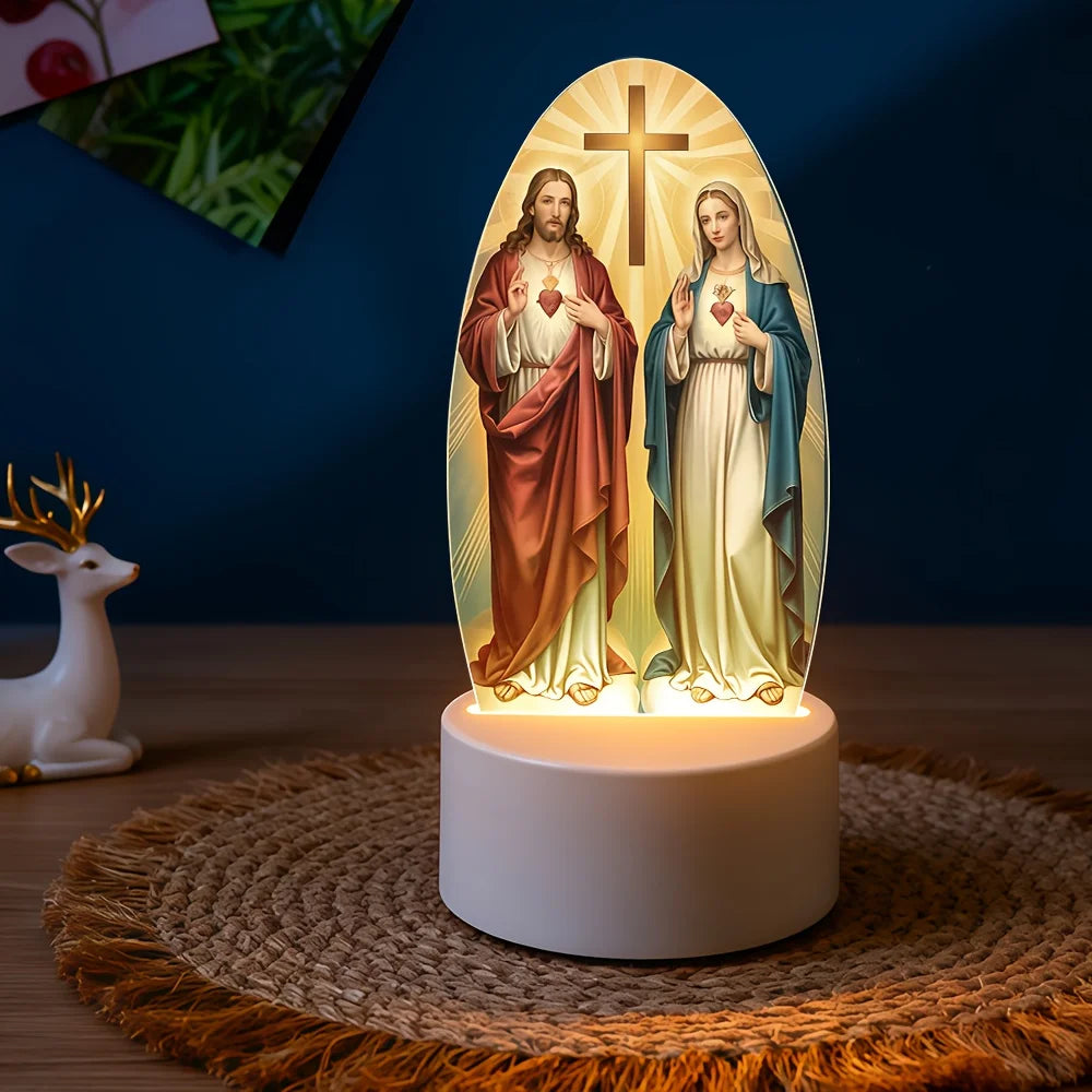 Luz Noturna de LED 2D de Jesus e Virgem Maria em Estilo Boho // Acrílico c/ Alimentação USB // Luminária de Mesa Inspiradora para Quartos