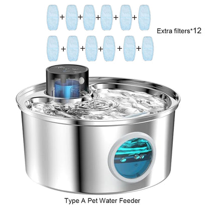 Fonte de Água Automática e Recarregável p/ Pets (Cães e Gatos) // Aço Inoxidável, 3,2 L (108 oz), Sem Fio, 5V, c/ Sensor de Movimento